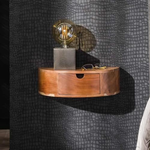 RINGO-Living Massivholz Nachttisch mit Ablage & Schublade halbrund, Schwebend Stauraum Nachttisch Industrial Style, Nachtschrank, Kleiner Nachttisch Industrie Style, Nachttisch Holz Echtholz Mini
