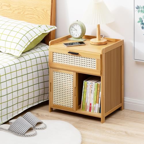 SIDUISDH Nachttisch Rattan Holz, Boho, Nachtkommode Kinder mit Tischbeine aus Massiv für Wohnzimmer, Schlafzimmer