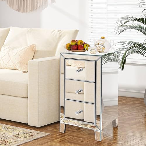 BST FURNH Nachttisch mit Spiegel & 3 Schubladen - Verspiegelter Beistelltisch aus Glas, Silber Kommode - Schlafzimmer Mini-Schrank (30 * 30 * 60 cm)
