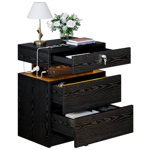 IRONCK Nachttisch mit Steckdose, Nachtschrank mit LED-Beleuchtung, Beistelltisch mit 3 Schubladen, 1 USB- und 1 Typ-C-Anschluss und Schloss, Sofatisch für Wohnzimmer, Schlafzimmer, Schwarz
