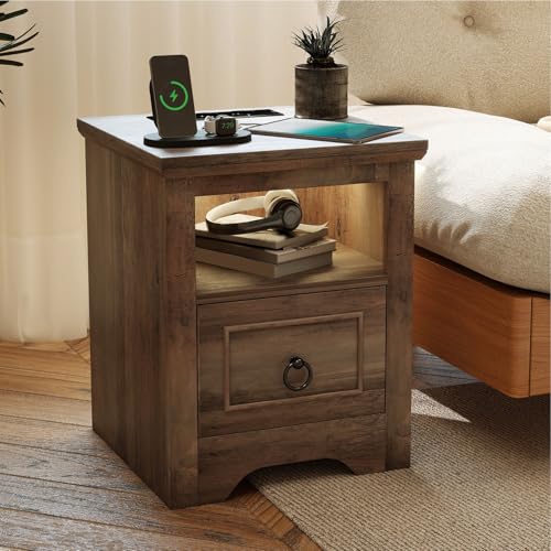 Festnight Nachttisch mit LED-Beleuchtung, Sieben, Rustikaler Beistelltisch mit Schublade, Vintage Nachtkästchen Sofatisch, Nachtschrank mit 1 offenes Fach, 40x40x50 cm MDF