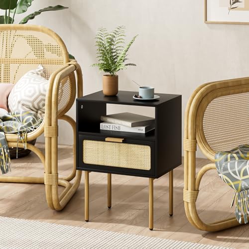HEYZOEY Nachttisch aus Rattan, schwarzer Nachttische, Kleiner Beistelltisch mit Schublade, Nachttischmöbel, Beistelltisch mit goldenem Rahmen für Schlafzimmer, Wohnzimmer