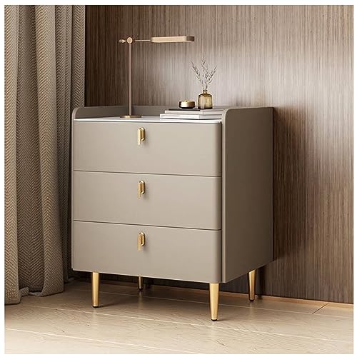 Mid Century Moderner mit Kunstleder, Marmor Muster, gesinterte Steinplatte, Holz, 3 Schubladen, Schlafzimmerschrank, Champagner Finish