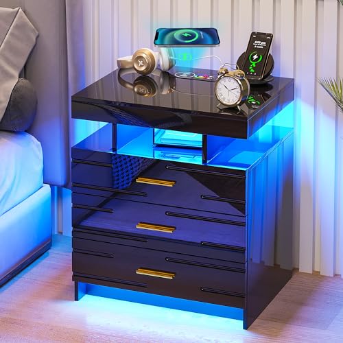 Lvifur RGB Nachtkästchen mit kabellose Ladestation & USB Aufladung,LED Nachttisch mit 3 Schubladen,Nachttisch für boxspringbetten,Hochglanz Nachttische für Wohnzimmer,Schlafzimmer,F lur