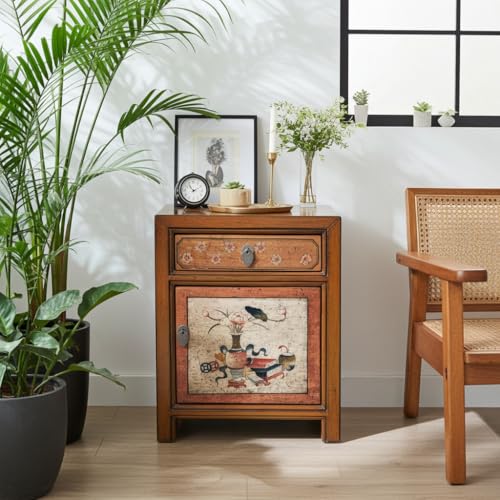 OPIUM OUTLET Chinesisches Nacht-Schränkchen asiatischer Nachttisch Kleiner Nacht-Schrank orientalische Schlafzimmer-Kommode Konsole Shabby-chic braun-beige, komplett montiert
