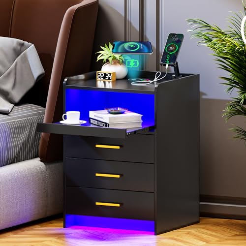 Lvifur Led Nachttisch mit Ladefunktion,Smart Nachtschrank mit 24 Farben Dimmbar Licht, Sideboard mit 3 Schubladen USB Type-C Automatischer Sensor Schlafzimmer Schwarz