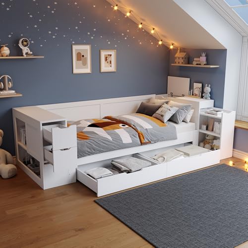 Gelukueub Kinderbett,Daybed, multifunktionales Kinderbett mit Schubladen, Regalen und Stauraum, mit nachttisch,mit Stauraum, ohne Matratze, weiß (90 x 190 cm)