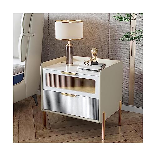 DFGHNBVC Nachttische Nachttisch, Rechteckig, Luxuriöser Beistelltisch Aus Leder Mit 2 Schubladen, Nachttisch Aus Massivholz, Nordischer Nachttisch, Schlicht Und Stilvoll, Weiß, 40 cm