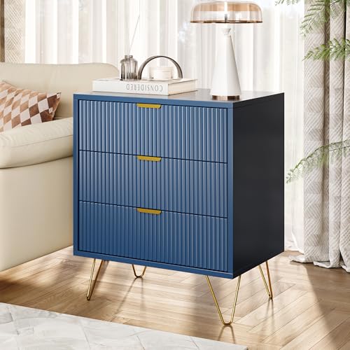 AONYAYBM Nachttisch, Kommode mit 3 Schubladen, Aufbewahrungsmöbel, Nachttisch, aus Holz mit goldenen Beinen, Nachttisch, für Schlafzimmer, Wohnzimmer, skandinavischer Stil, Dunkelblau (60 x 70 x 40 cm