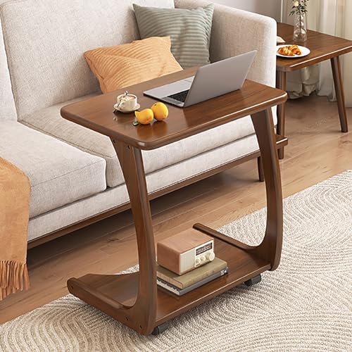 Moderner Beistelltisch aus Massivholz, 2 Ebenen, mit Rollen, doppellagiger Stauraum, Nachttisch, stilvoller Wohnzimmertisch, Akzenttisch, Walnussholz-Finish, perfekt für Sofa oder Schlafzimmer