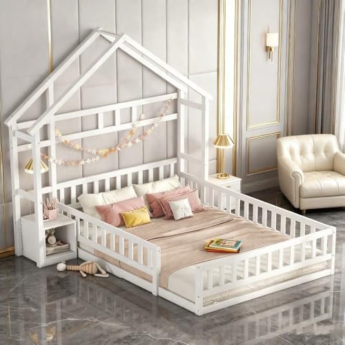 Kinderbett 140x200 cm in Grau | Flachbett in Hausform mit Sicherheitsgeländer | Inklusive Nachttische | Charmantes Kindermöbel (White)