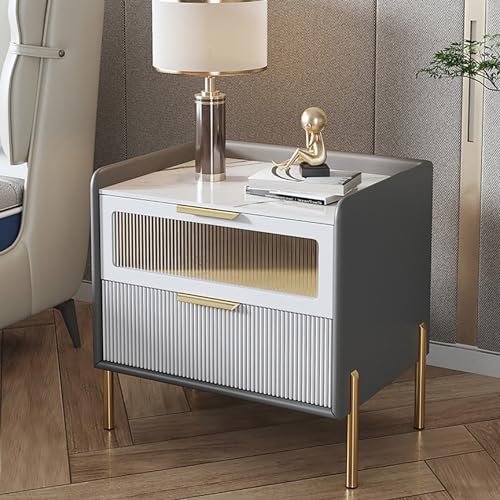 Nachttisch mit 2 Schubladen und goldfarbenen Metallbeinen, Nachttisch aus Kunstmarmor und PU-Leder, Massivholzrahmen, Aufbewahrungs-Beistelltis ch für Wohnzimmer oder Schlafzimmer