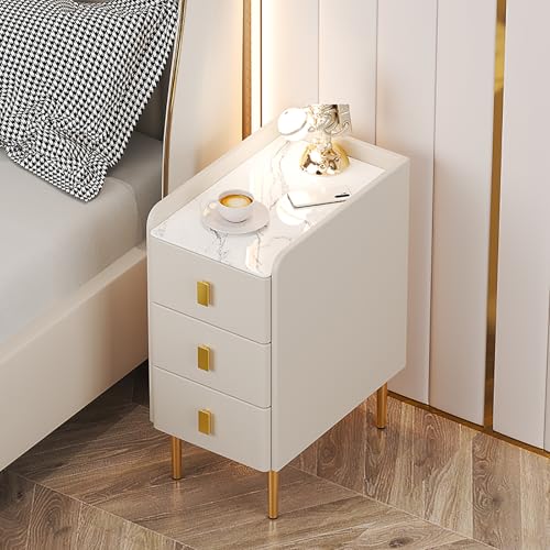 LXJBBD Nachttisch mit 3 Schubladen, Kunstleder & Massivholzrahmen, Steinplatte, Metallbeine, moderner Nachttisch für Schlafzimmer