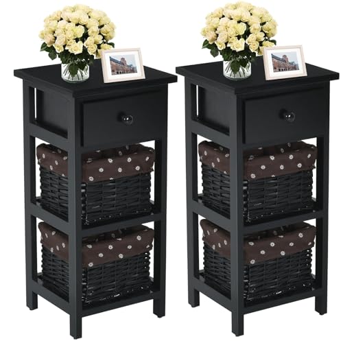 GIANTEX 2er Set Nachttisch Nachtschrank, Nachtkommode mit Schublade & 2 Körben, Korbkommode Antik, Nachtkonsole Korbregal Massivholz, Beistellschrank Beistelltisch für Schlafzimmer (Schwarz, 2er Set)