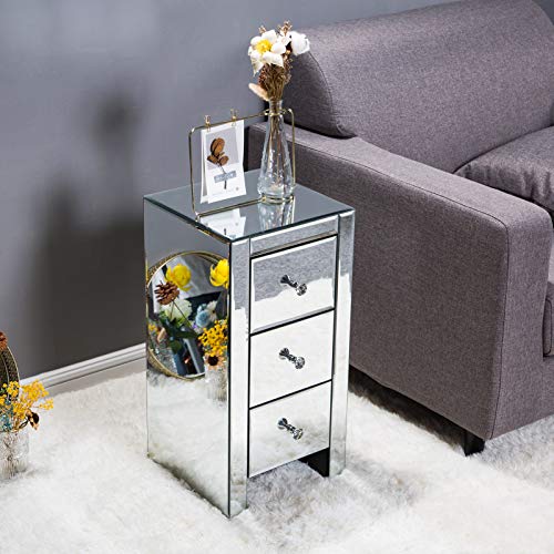 Bonnlo Hochwertiger Nachttisch Schmal mit 3 Schubladen, Nachtschrank, Moderner Beistelltisch Glas, Kleine Kommode, verspiegelt, 30x30x60cm, ideal für Schlafzimmer & Wohnzimmer