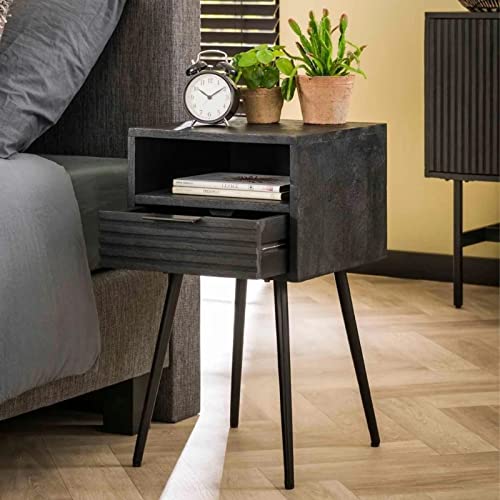 RINGO-Living Nachttisch Kommode Mayli, rustikaler Nachttisch Schwarz & Schwarz-matt, Holz Schublade & Metallfüße, eckiger Nachttisch Industrial Style Metallbeine, Beistelltisch mit Fach & Schublade