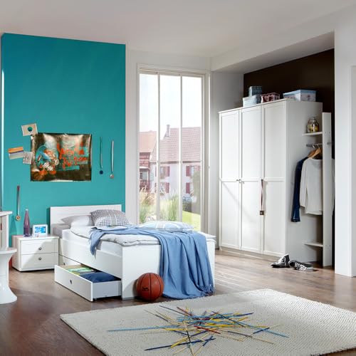 Lomadox Jugendzimmer komplett Set mit 90x200cm Bettgestell in weiß, 6-teiligBettgestell, Bettschubkästen, Nachttisch, Kleiderschrank, Garderobenstange