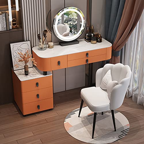 Modernes Schminktisch-Set Mit Led-Beleuchtung, 5 Schubladen Und Bequemem, Gepolstertem Hocker. Komplettes Schminktisch-Set Mit Nachttisch Und Abnehmbarem Spiegel. Stilvoller Frisiertisch S, Orange 11