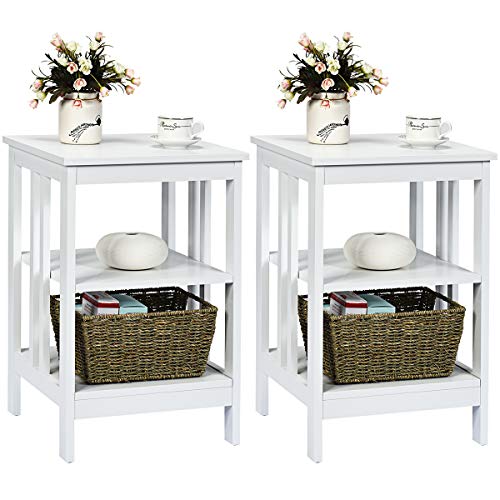 COSTWAY Nachttisch 3 Ebenen, 2er Set Beistelltisch Nachtschrank, Sofatisch Couchtisch für Schlafzimmer, Wohnzimmer 40x40x61cm (II-förmig, Weiß)