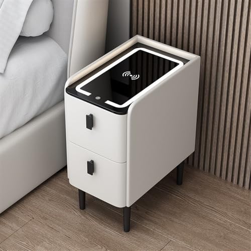 HanDpi Schmaler, intelligenter Nachttisch mit kabelloser Ladestation, moderner Tischplatte aus Leder und Glas, schlanker Nachttisch, schmales LED-Licht für kleine Räume (Beige, 25 cm)