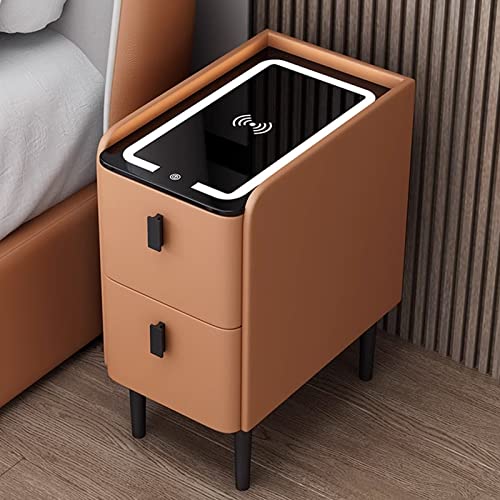Weißer Nachttisch mit LED-Licht, USB-Ladeanschluss und Aufbewahrungsschublade, Kleiner schmaler Nachttisch für Schlafzimmer