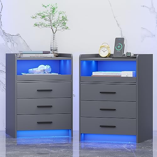 FREDEES Nachttisch 2er Set mit Ladefunktion, LED Nachttisch mit RGB-Licht und menschlichem Sensor-Design, Bedside Table mit 3 Schubladen für Schlafzimmer Wohnzimmer Büro, Grau