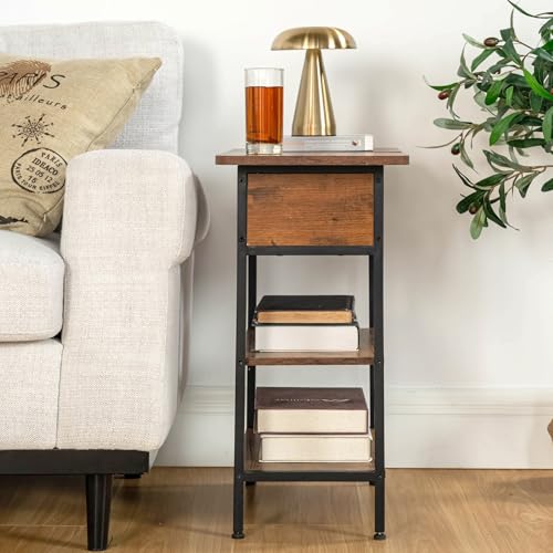 FurnitureR Nachttisch, Industrial, Vintage, Aufbewahrungsbox und Tablett, faltbar, Nachttisch mit Ladestation, 2 Steckdosen & 2 USB, großes offenes Regal mit 2 Ebenen, 60 x 30 x 60 cm