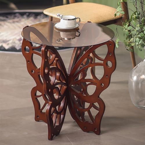 Couchtisch aus Massivholz mit Tischplatte aus gehärtetem Glas und Schmetterlingsbeinen, modernes Vintage-Design für Wohnzimmer und Balkon