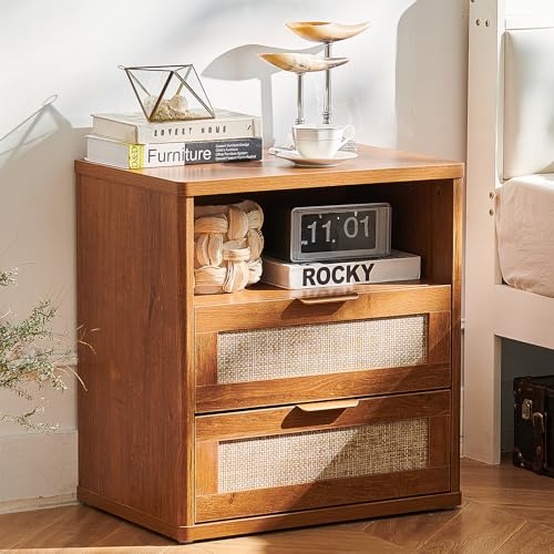 LELELINKY Nachttisch Rattan,Doppelte Schublade,Brown