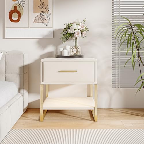 UnboxGermany Nachttisch, LED-Beleuchtung, mehrfarbig, mit Schublade und offenem Regal, 2 Stück Nachttisch aus Samt mit goldfarbenen Metallbeinen, 40 x 31 x 50 cm, Beige