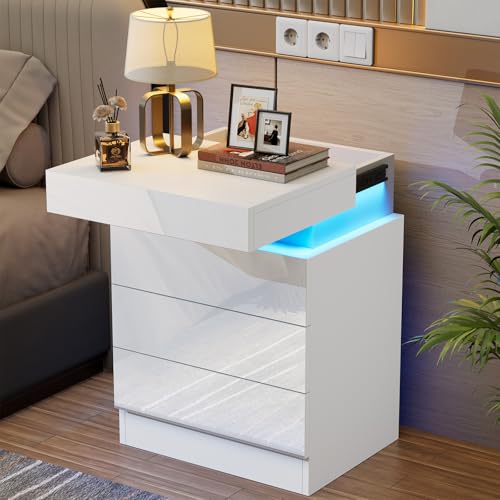 PIPIPOXER Nachttisch Weiß mit LED, Hochglanz Nachtschrank mit 3 Schubladen und Versteckte Obere Schublade, Beistelltisch Sofatisch für Wohnzimmer, Schlafzimmer, Arbeitszimmer, 40x35x61cm, Weiß