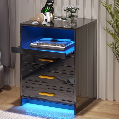 Gurexl Nachtschrank mit Beleuchtung, Smart LED Nachttisch mit Ladefunktion 24 Licht Dimmbar, Hochglanz Sideboard mit 3 Schubladen USB Type-C Wohnzimmer Schwarz