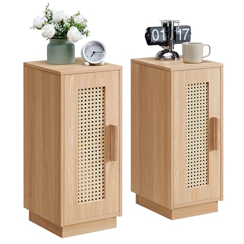 OCTTZ Rattan Nachttisch 2er Set, Schmal Beistelltisch mit 2 Fach nach, Boho-Nachtschrank, Holz Nachtkommode Mit magnetischer Tür, Nachtkonsole für Schlafzimmer, Wohnzimmer und kleine Räume