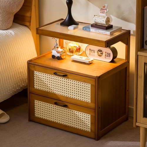 TlevadArt Retro Nachttisch, mit 2 Schubladen, Changhong Glas Desktop, Schublade mit Dekorativer ABS-Oberfläche in Rattanoptik, für Schlafzimmer, Wohnzimmer (42x35x55cm)