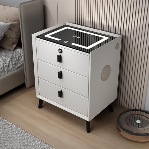 Intelligenter Nachttisch mit Ladestation, Fingerabdruckschloss, LED-Licht, Lautsprecher, 3 Schubladen, modernes Design, 3 Farben, stilvoller und funktionaler Nachttisch zur Aufbewahrung im S