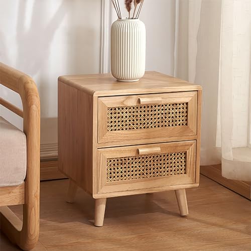 Rattan Nachttisch mit 2 Schubladen - Retro Holz Nachttisch Schreibtisch Schrank für Schlafzimmer Wohnzimmer - Kleine Kommode mit Stauraum - Minimalistische Möbel