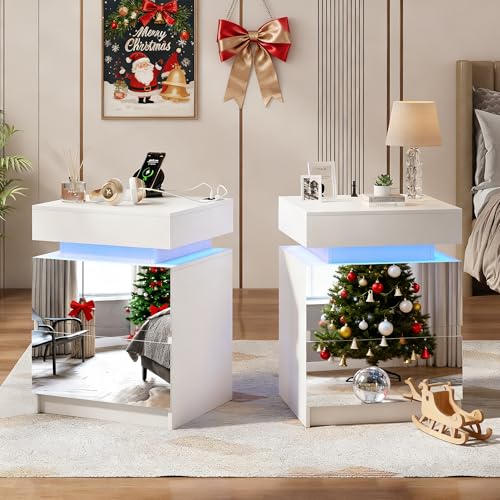 Vlsrka Verspiegelt Nachttisch 2er Set mit Geheimfach, LED Nachttisch mit Ladefunktion, Hoch Nachttische Abschließbar, 3 Schubladen mit Spiegel, 3 Farben Licht, USB-A und USB-C, 2 Stück, Weiß Hochglanz