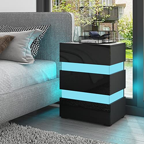 Nachttisch Kommode Hochglanz mit 3 Schubladen Nachtschrank LED-Beleuchtung Nachtkommode Sofa Tisch für Schlafzimmer Büro Wohnzimmer - Schwarz