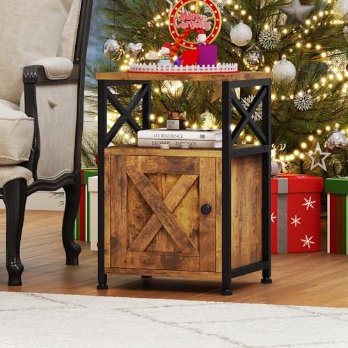 YITAHOME Beistelltisch, Nachttisch mit Kabinett, X-förmiger Couchtisch mit Ladestation, 2 USB-Anschlüssen und Steckdosen, Nachtkommode für Wohnzimmer, Schlafzimmer, Metallrahmen, Vintage-Braun