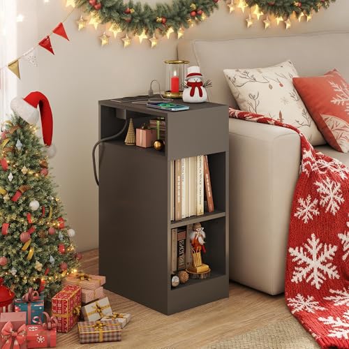 YOSHOOT Schmaler Nachttisch, Nachttisch aus Holz mit Ladestation, Dünner Tisch mit 3 offenen Regalen, platzsparende Beistelltische für Schlafzimmer, Wohnzimmer,25 * 35 * 61cm(Schwarz)