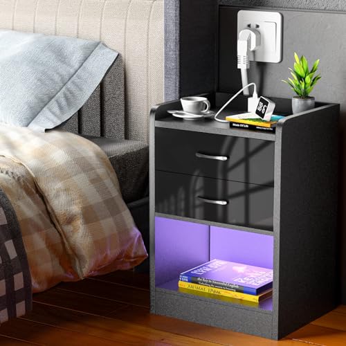 PIPIPOXER Nachttisch LED mit Steckdose, 2 AC-Steckdosen, 2 USB-Anschlüsse, Nachttisch Schwarz mit 2 Schubladen, Nachtschrank LED-Beleuchtung 16 Farbe, Beistelltisch für Wohnzimmer, 40x35x65cm