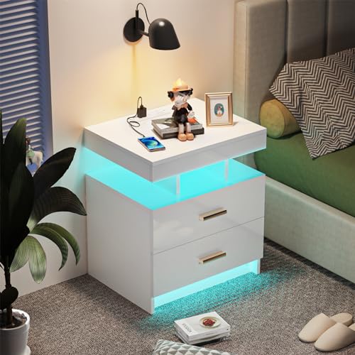 Hochglanz Nachttisch mit Steckdosen LED Beleuchtung 2 Schubladen Nachtschrank Holz Nachttische Beistelltisch Organizer Einheit Sofatisch Weiß Nachtkästchen für Schlafzimmer Wohnzimmer, 50x40x58cm