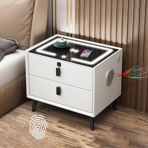 Intelligenter Nachttisch mit 3 farbigen LED-Leuchten und kabelloser Ladestation, moderner Beistelltisch mit 3 Schubladen, USB-Anschlüssen, Steckdosen und intelligenten Lautsprechern(WEISS,2 drawers)