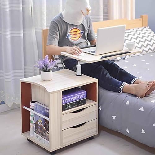 Verstellbarer Laptop-Schreibtisch mit drehbarer Oberseite, abnehmbarer Nachttisch mit Schublade, Rollen und offenem Regal, multifunktionales Hebedesign für Heimbüro