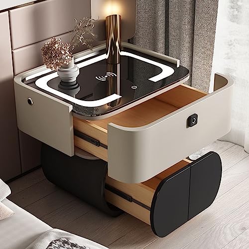 Intelligenter Nachttisch mit kabellosem Laden, Fingerabdrucksperre, LED-Lichtern, Bluetooth-Lautsprecher, 2 Schubladen für Schlafzimmer oder Wohnzimmer