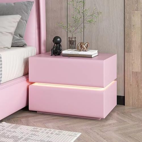 Intelligenter Nachttisch mit Schublade, modernes LED-Licht, Nachttischkommode mit 2 Schubladen, Nachttische aus massivem Holz PU, bodenstehend, Kleiner Beistelltisch für Schlafzimmer, Büro (Pink,