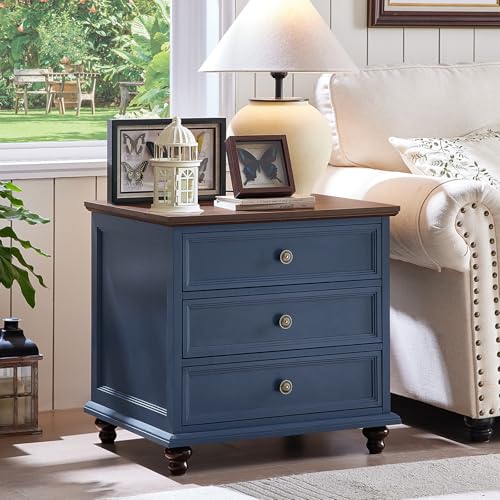 24  Breites Landhaus-Nachttisch, Großer Beistelltisch mit 3 Schubladen & Metallgriff, Holz-Kommode für Schlafzimmer, Blau nachtschrank-Schubladenko mmode, nachttische für Wohnzimmer