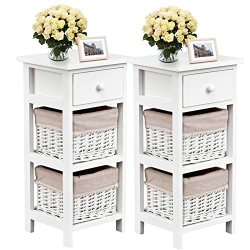 GIANTEX 2er Set Nachttisch Nachtschrank, Nachtkommode mit Schublade & 2 Körben, Korbkommode Antik, Nachttische Nachtkonsole Korbregal Massivholz, Beistellschrank Beistelltisch für Schlafzimmer Weiß