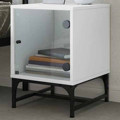 Eleganz Nachttisch mit Glastür - Weißer Beistelltisch aus Holzwerkstoff, Glas & Stahl (35x37x50 cm) - Moderner Nachttisch mit Stauraum für Schlafzimmer