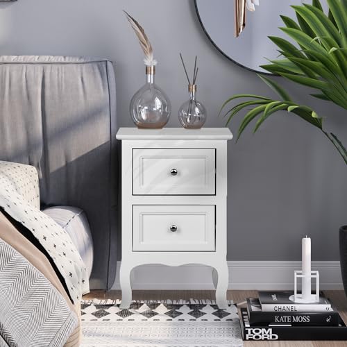 Bonnlo Nachttisch im Landhausstil, Beistelltisch Bett mit 2 Schubladen aus Holzwerkstoff, Kommode weiß, 40x30x60cm, ideale Ergänzung für Schlafzimmer, Wohnzimmer und Büro